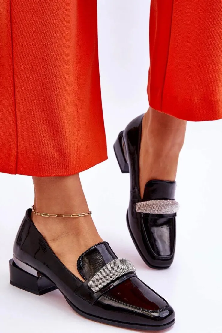 Damskie Damskie buty S.Barski Lakierowane Mokasyny Na Obcasie Z Cyrkoniami Czarne Lavern