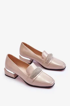 Online Damskie buty S.Barski Lakierowane Mokasyny Na Obcasie Z Cyrkoniami Beżowe Lavern