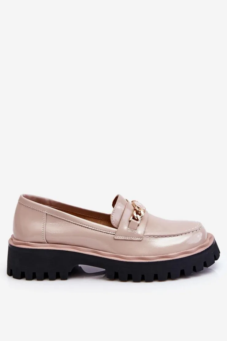 New Damskie buty S.Barski Lakierowane Mokasyny Na Platformie Beżowe Ronin Beżowy