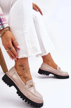 New Damskie buty S.Barski Lakierowane Mokasyny Na Platformie Beżowe Ronin Beżowy
