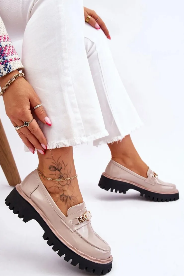 New Damskie buty S.Barski Lakierowane Mokasyny Na Platformie Beżowe Ronin Beżowy