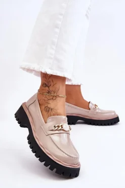 New Damskie buty S.Barski Lakierowane Mokasyny Na Platformie Beżowe Ronin Beżowy