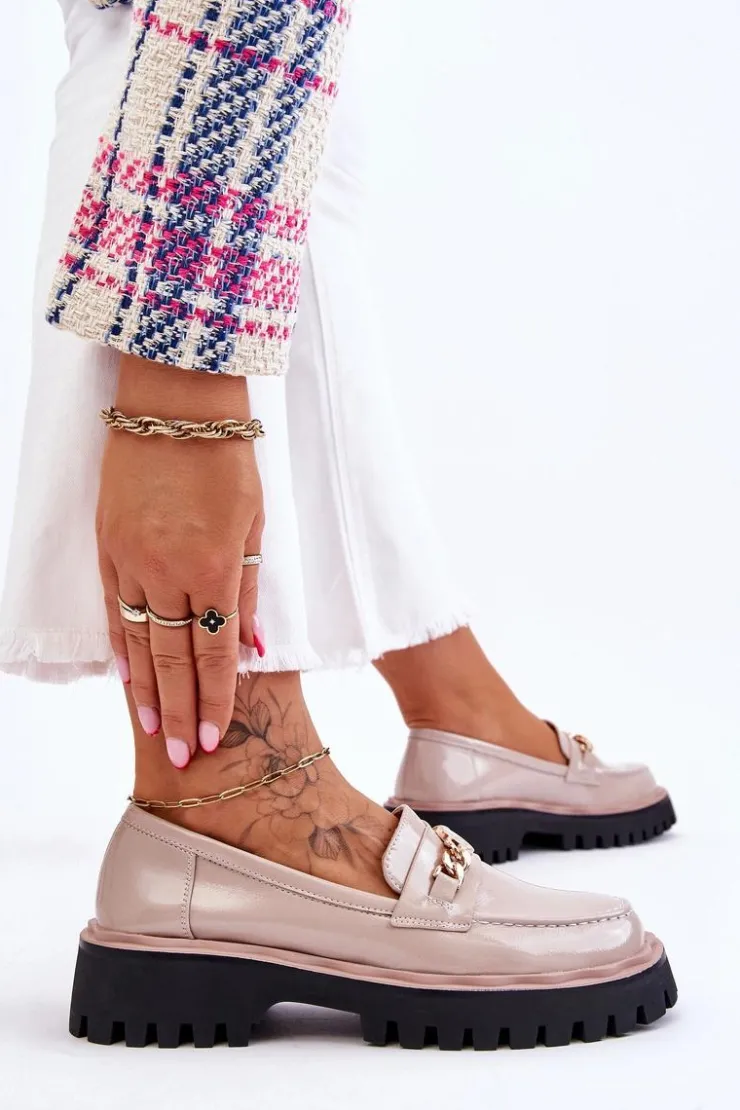 New Damskie buty S.Barski Lakierowane Mokasyny Na Platformie Beżowe Ronin Beżowy