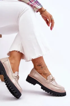 New Damskie buty S.Barski Lakierowane Mokasyny Na Platformie Beżowe Ronin Beżowy