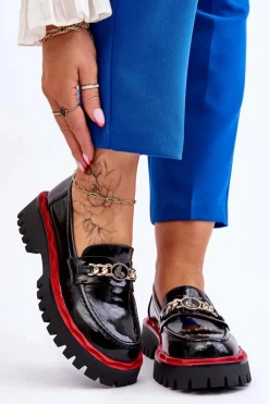 Damskie Damskie buty S.Barski Lakierowane Mokasyny Na Platformie Czarne Ronin