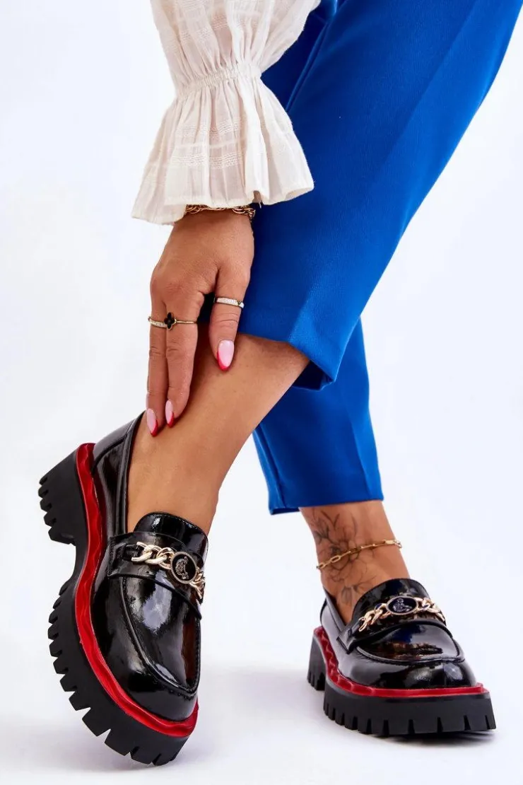 Damskie Damskie buty S.Barski Lakierowane Mokasyny Na Platformie Czarne Ronin