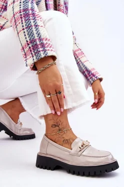 Damskie Damskie buty S.Barski Lakierowane Mokasyny Na Platformie Jasnoszare Ronin