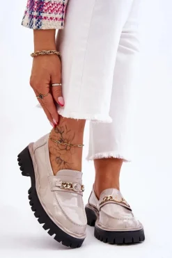 Damskie Damskie buty S.Barski Lakierowane Mokasyny Na Platformie Jasnoszare Ronin