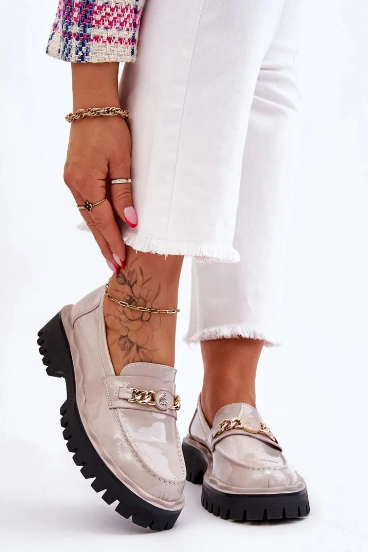 Damskie Damskie buty S.Barski Lakierowane Mokasyny Na Platformie Jasnoszare Ronin