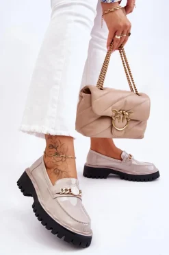 Damskie Damskie buty S.Barski Lakierowane Mokasyny Na Platformie Jasnoszare Ronin