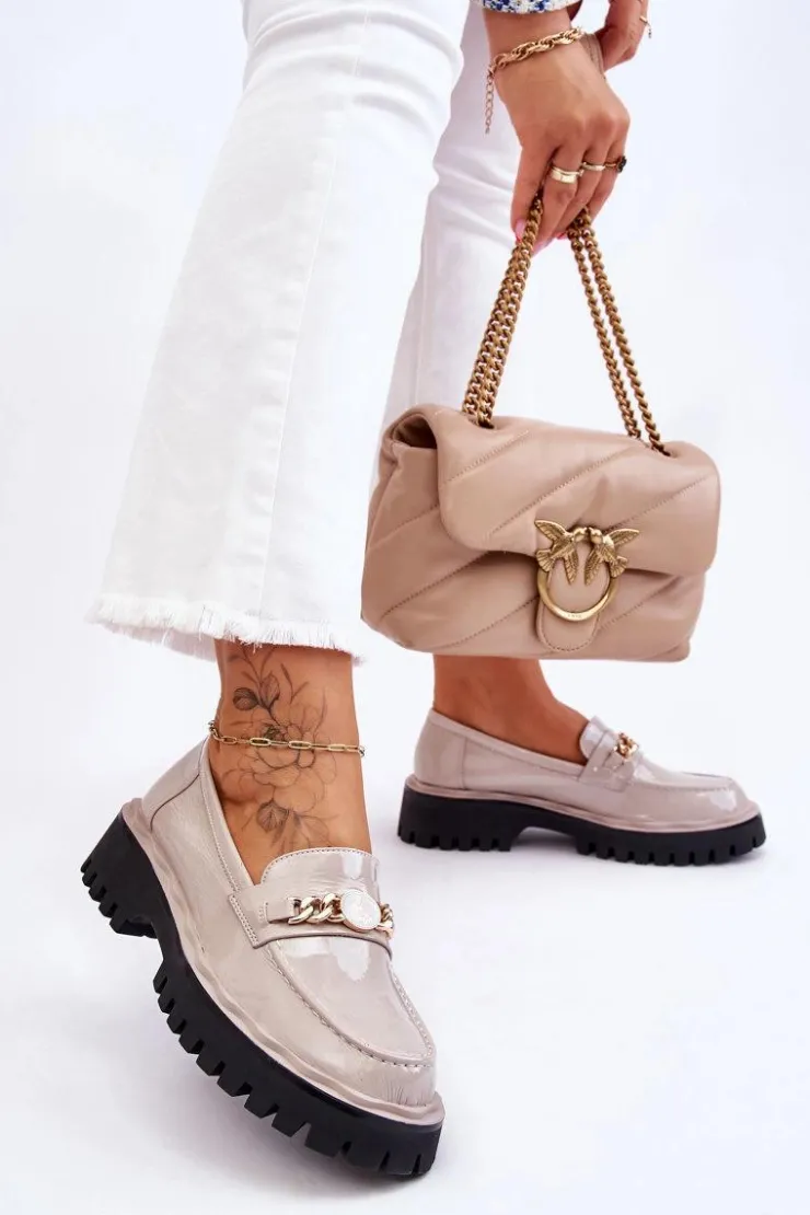 Damskie Damskie buty S.Barski Lakierowane Mokasyny Na Platformie Jasnoszare Ronin