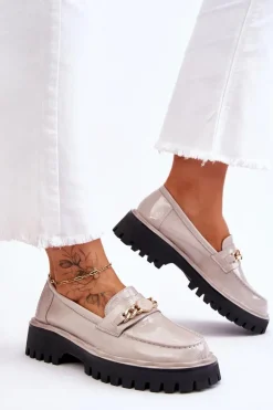 Damskie Damskie buty S.Barski Lakierowane Mokasyny Na Platformie Jasnoszare Ronin