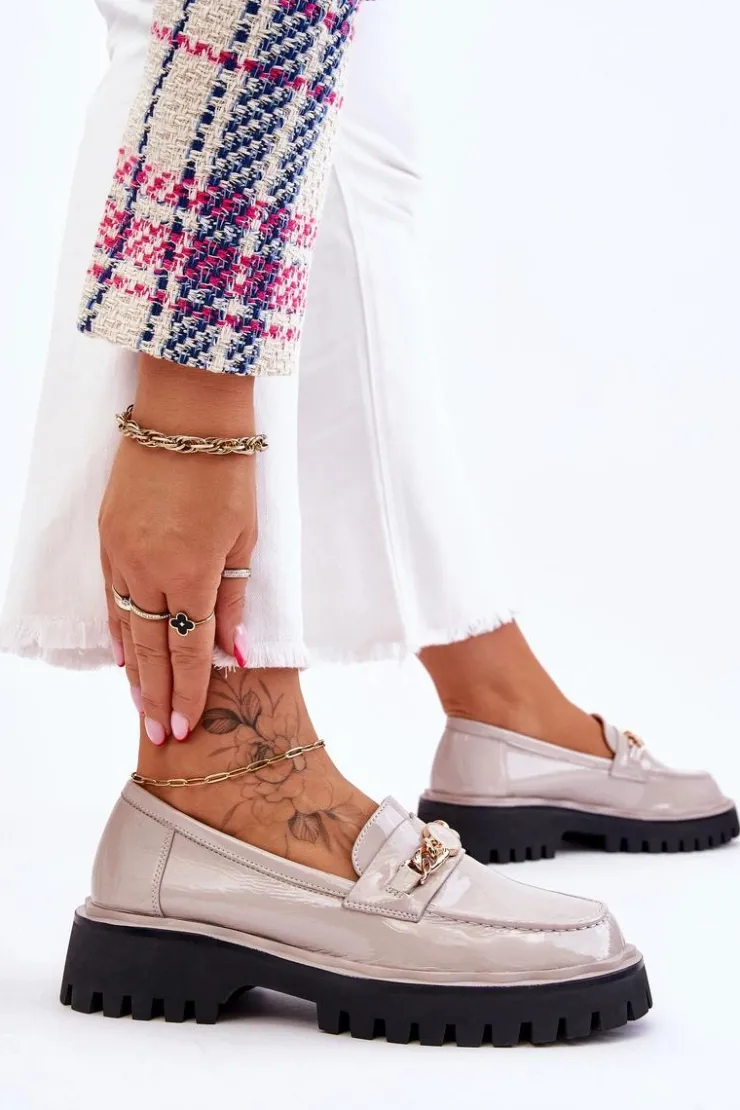 Damskie Damskie buty S.Barski Lakierowane Mokasyny Na Platformie Jasnoszare Ronin