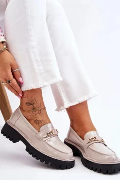 Damskie Damskie buty S.Barski Lakierowane Mokasyny Na Platformie Jasnoszare Ronin