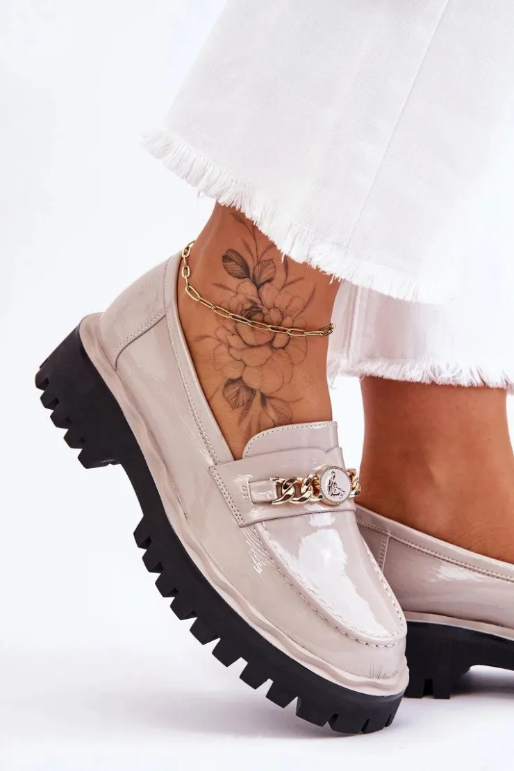 Damskie Damskie buty S.Barski Lakierowane Mokasyny Na Platformie Jasnoszare Ronin