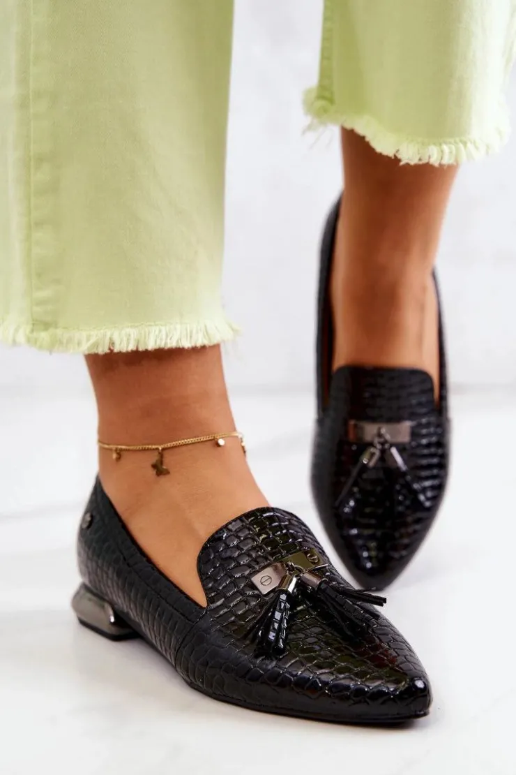 Damskie Buty damskie Vinceza Lakierowane Mokasyny Wzór Krokodyl Z Frędzlami Czarne Pharell