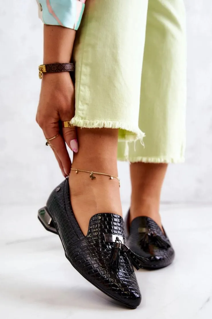 Damskie Buty damskie Vinceza Lakierowane Mokasyny Wzór Krokodyl Z Frędzlami Czarne Pharell