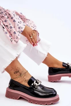 GOE Mokasyny Płaskie|Mokasyny Damskie Skórzane*Lakierowane Mokasyny Z Łańcuchem LL2N4039 Czarno-Fioletowe