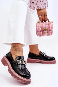 GOE Mokasyny Płaskie|Mokasyny Damskie Skórzane*Lakierowane Mokasyny Z Łańcuchem LL2N4039 Czarno-Fioletowe