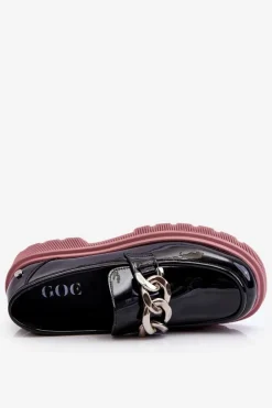 GOE Mokasyny Płaskie|Mokasyny Damskie Skórzane*Lakierowane Mokasyny Z Łańcuchem LL2N4039 Czarno-Fioletowe