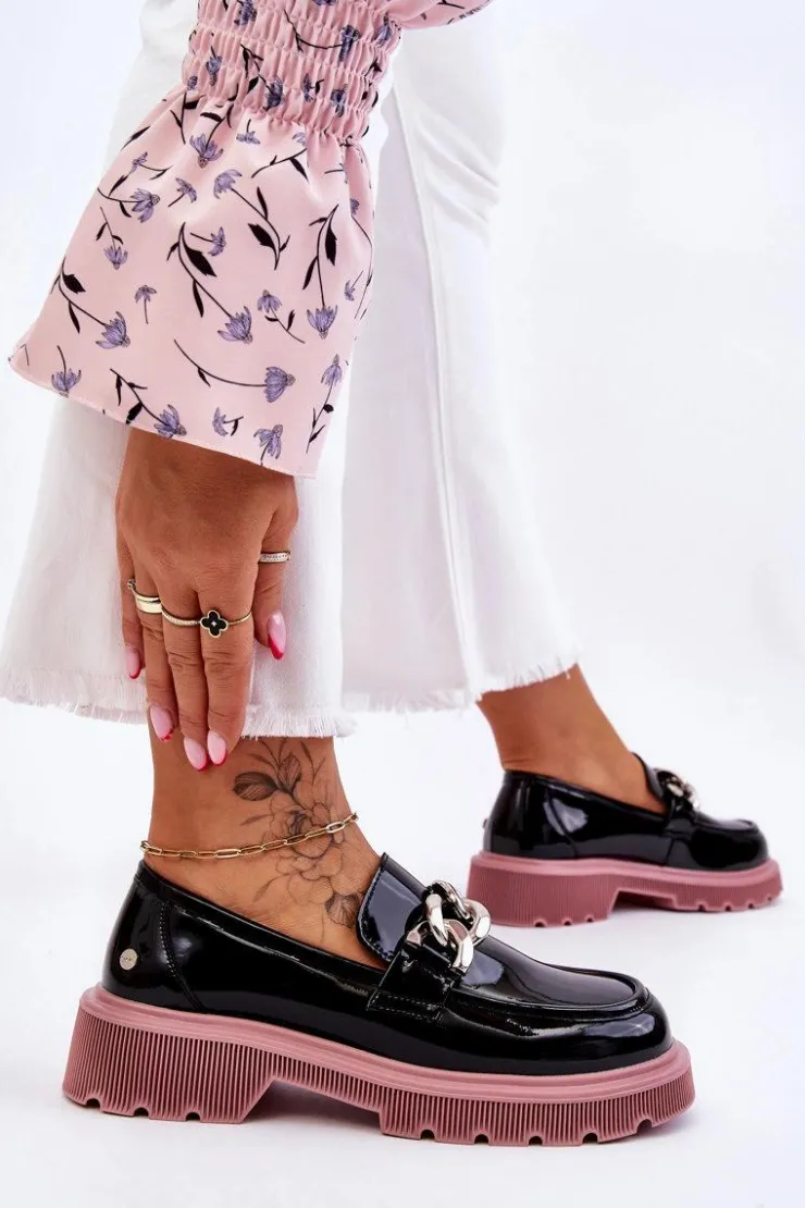 GOE Mokasyny Płaskie|Mokasyny Damskie Skórzane*Lakierowane Mokasyny Z Łańcuchem LL2N4039 Czarno-Fioletowe