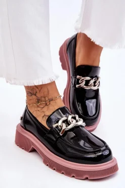 GOE Mokasyny Płaskie|Mokasyny Damskie Skórzane*Lakierowane Mokasyny Z Łańcuchem LL2N4039 Czarno-Fioletowe