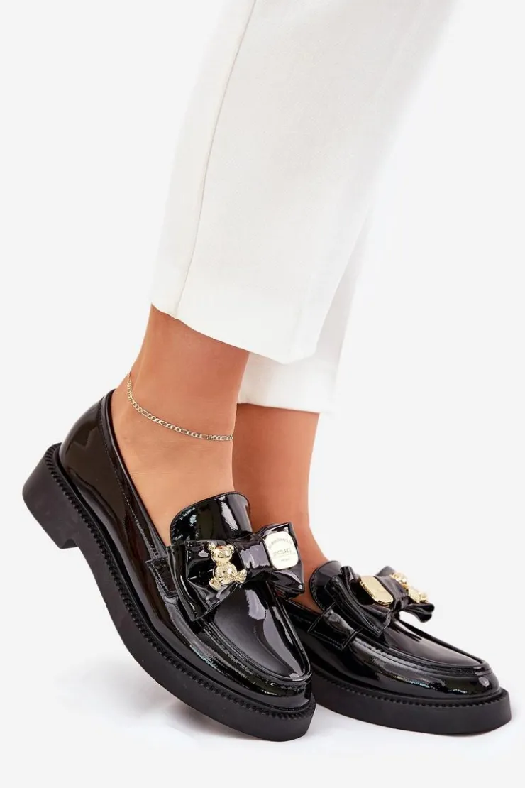 Damskie Boto Lakierowane Mokasyny Z Kokardą I Ozdobną Broszką Czarne Leandriel