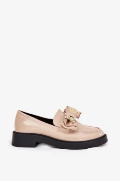 Best Boto Lakierowane Mokasyny Z Kokardą I Ozdobną Broszką Beżowe Leandriel