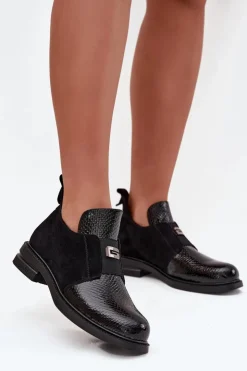 Buty damskie Vinceza Lakierowane Niskie Botki Damskie Na Obcasie Ocieplane Vinceza 58560 Czarne