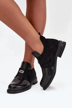 Buty damskie Vinceza Lakierowane Niskie Botki Damskie Na Obcasie Ocieplane Vinceza 58560 Czarne