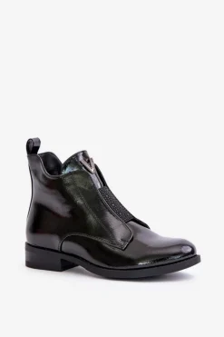 Damskie buty S.Barski Lakierowane Niskie Botki Damskie Na Płaskim Obcasie Ocieplane Czarne S.Barski HY42-120 Czarne Czarny