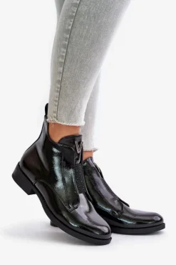 Damskie buty S.Barski Lakierowane Niskie Botki Damskie Na Płaskim Obcasie Ocieplane Czarne S.Barski HY42-120 Czarne Czarny