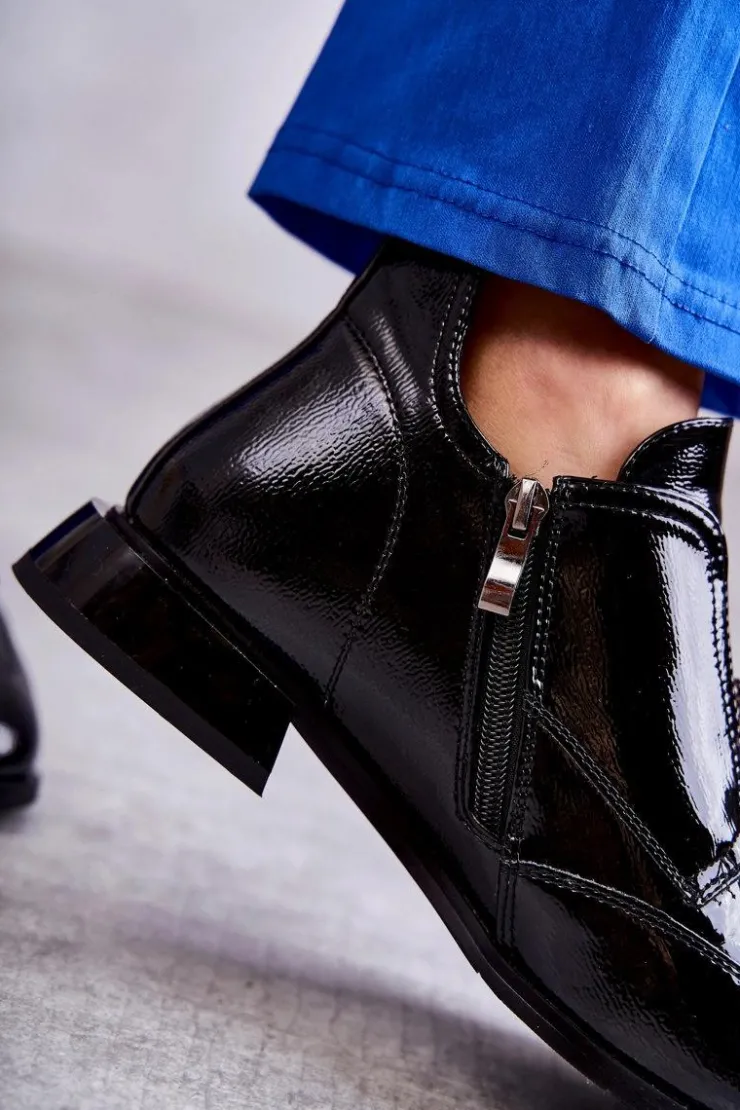 Best Damskie buty S.Barski Lakierowane Niskie Botki Na Suwak Czarne Bettina