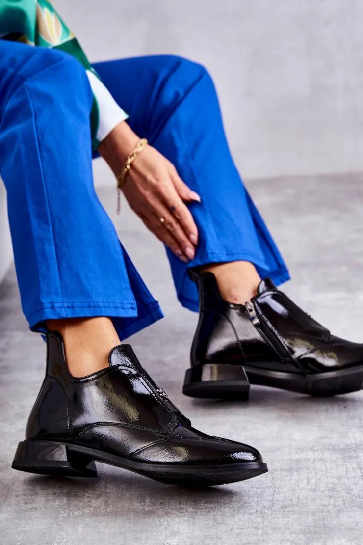Best Damskie buty S.Barski Lakierowane Niskie Botki Na Suwak Czarne Bettina