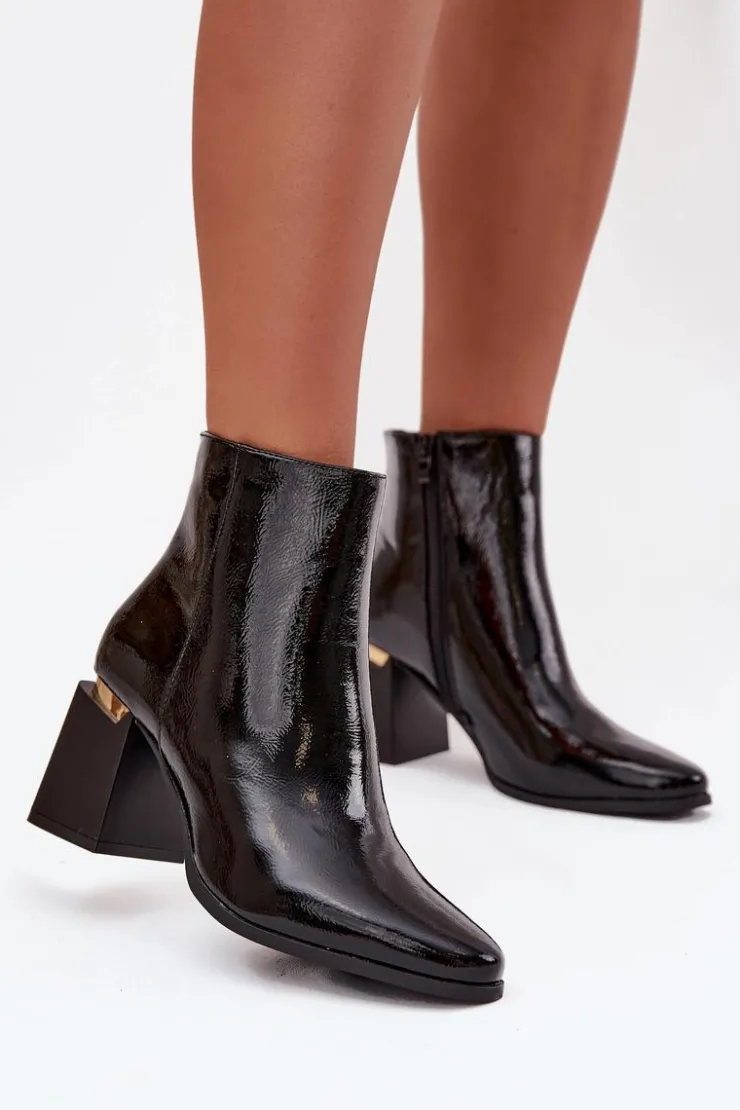 Boto Botki Ocieplane|Botki Na Słupku*Lakierowane Ocieplane Botki Damskie Na Słupku Z Eko Skóry Czarne Brivelle