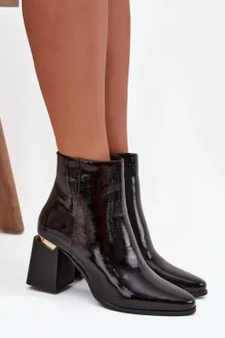 Boto Botki Ocieplane|Botki Na Słupku*Lakierowane Ocieplane Botki Damskie Na Słupku Z Eko Skóry Czarne Brivelle