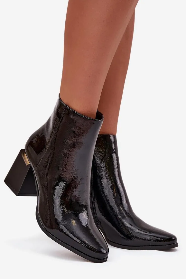 Boto Botki Ocieplane|Botki Na Słupku*Lakierowane Ocieplane Botki Damskie Na Słupku Z Eko Skóry Czarne Brivelle