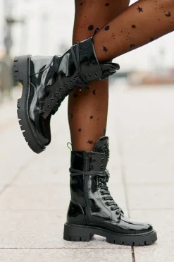 Best Boto Lakierowane Ocieplane Botki Workery Z Ozdobą Czarne Kelilea Czarny