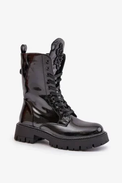 Best Boto Lakierowane Ocieplane Botki Workery Z Ozdobą Czarne Kelilea Czarny