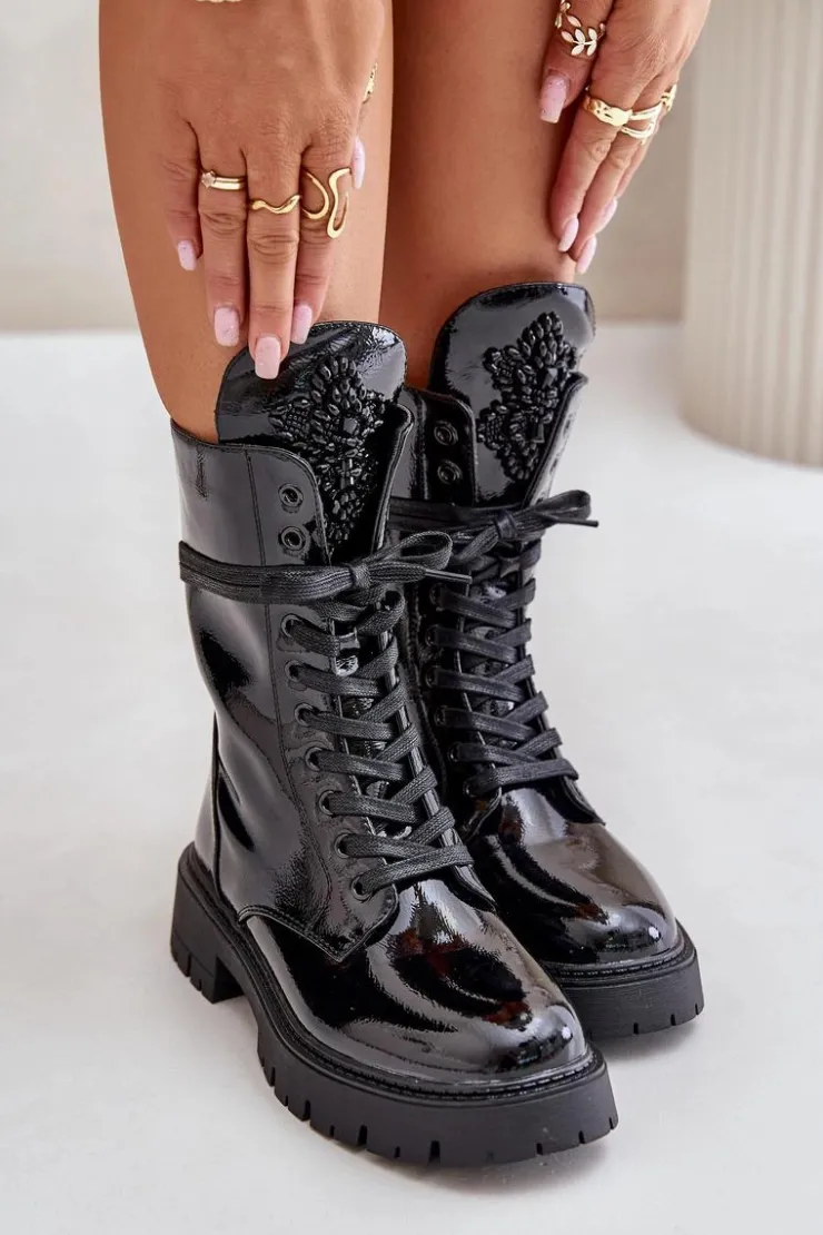 Best Boto Lakierowane Ocieplane Botki Workery Z Ozdobą Czarne Kelilea Czarny