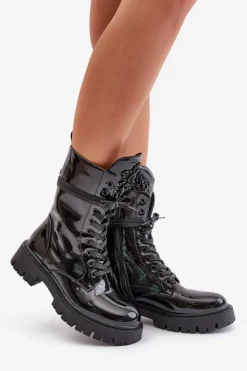 Best Boto Lakierowane Ocieplane Botki Workery Z Ozdobą Czarne Kelilea Czarny