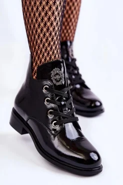 Damskie Damskie buty S.Barski Lakierowane Ocieplane Botki Sznurowane Czarne Enrica