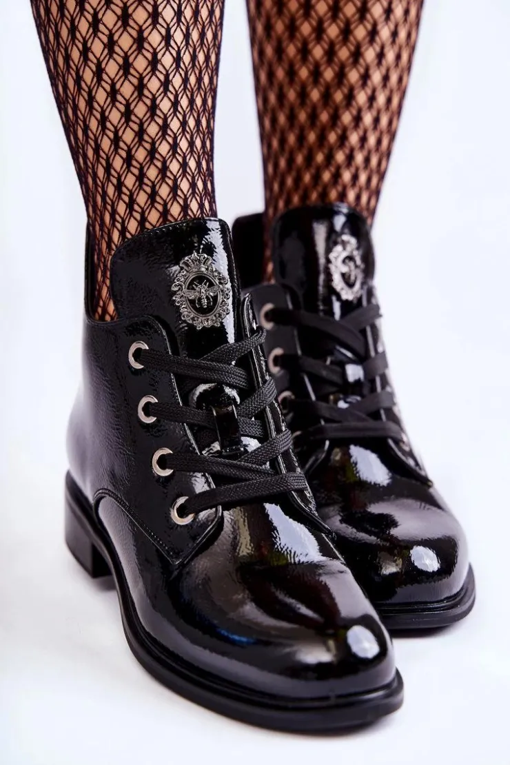 Damskie Damskie buty S.Barski Lakierowane Ocieplane Botki Sznurowane Czarne Enrica