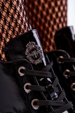 Damskie Damskie buty S.Barski Lakierowane Ocieplane Botki Sznurowane Czarne Enrica