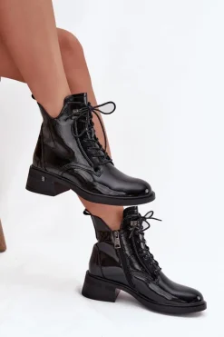 Discount Buty damskie Vinceza Lakierowane Ocieplane Botki Damskie Na Klocku Vinceza 58602 Czarne Czarny