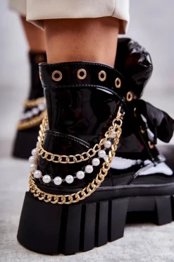 New Boto Lakierowane Ocieplane Botki Z Łańcuszkiem Czarne Karoline