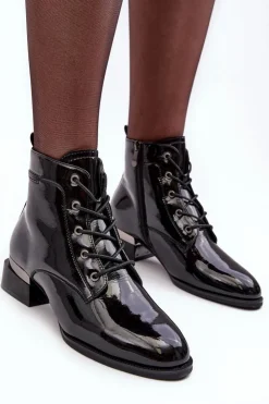 Buty damskie Vinceza Lakierowane Ocieplane Botki Na Suwak Czarne Achonia