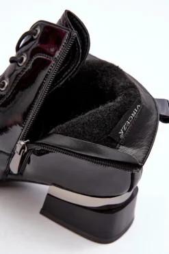 Buty damskie Vinceza Lakierowane Ocieplane Botki Na Suwak Czarne Achonia
