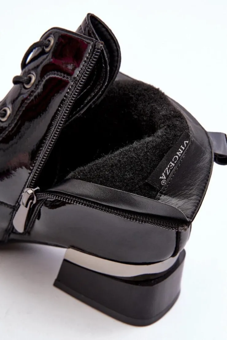 Buty damskie Vinceza Lakierowane Ocieplane Botki Na Suwak Czarne Achonia