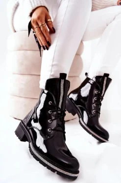 Boto Botki Sznurowane|Czarne Botki*Lakierowane Ocieplane Botki Czarne Grecia